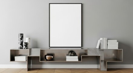 Sleek and modern media console with decorative items and a large vertical blank frame, set against a minimalist grey wall in a contemporary home