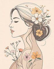 Woman with flowers in profile
