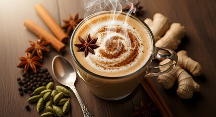 Warm spiced beverage in a cozy setting with aromatic spices and steam rising, perfect for winter