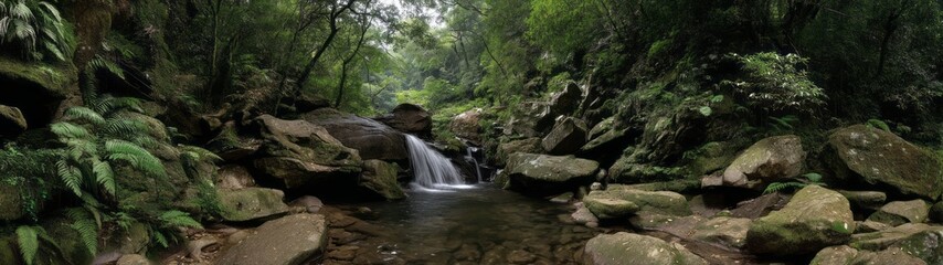 Fototapeta premium Lush rainforest waterfall vibrant nature hdri panoramic view scenic environment