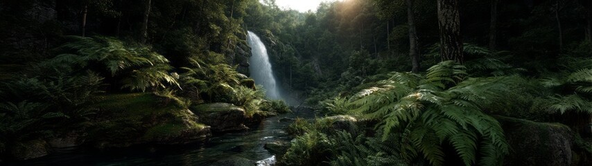 Majestic waterfall amidst lush rainforest hdri panoramic view serene nature environment
