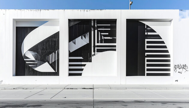 白壁に描かれたモノクロステンシル風ストリートアート – Minimalist Street Art with Black and White Stencil Graphics on White Wall