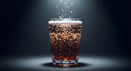 A refreshing glass of fizzy cola with bubbles rising, set against a dark background, showcasing its effervescence
