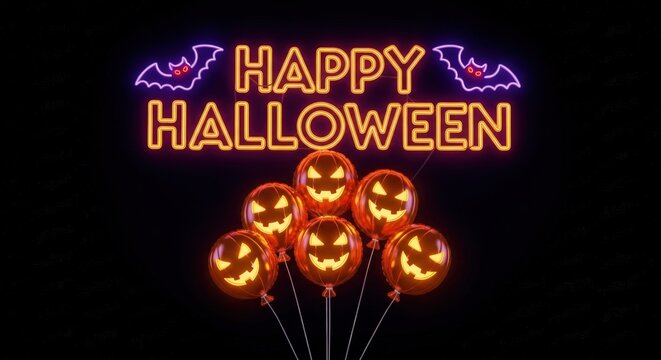 Spooky Happy Halloween neon sign with pumpkin balloons for a fun and festive celebration, ready for advertising - Powered by Adobe