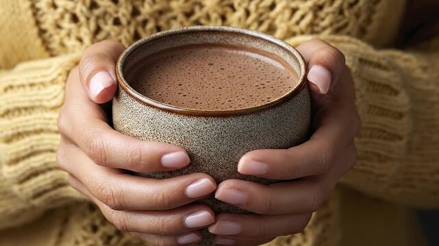 Hands in a yellow sweater hold a speckled mug of hot chocolate with the drink filling the container to near the brim