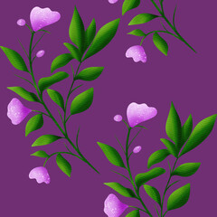 Beautiful pink flowers and green branches with leaves, seamless floral botanical pattern. Digital watercolor hand drawn. For fabric, textiles, wrappers, covers, women, girls, accessories, gifts