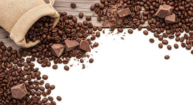 Fresh roasted coffee beans and dark chocolate pieces spilling from a burlap sack onto a wooden background with copy space