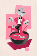 3d pop image vertical art collage of happy girl chef cook soup tomato liquid mushroom ingredient diet slimming healthcare