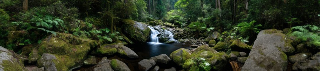 Fototapeta premium Serene waterfall in lush rainforest hdr panoramic equirectangular environment map