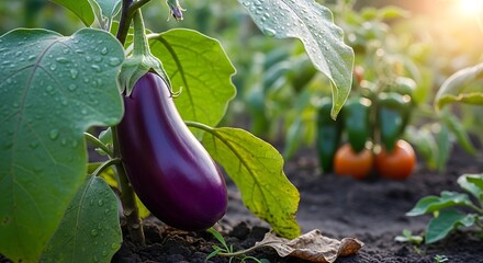 Ripe Purple Eggplant Growing In A Vegetable Garden.