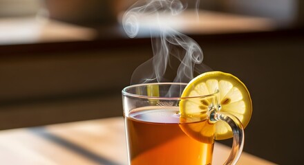 Warm cup of tea with lemon slice, steam rising, cozy kitchen setting with soft sunlight