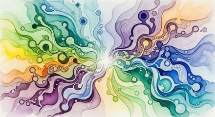 Fototapeta premium Illustration of colorful abstract watercolor painting with swirling shapes and vibrant colors, creating a dynamic and artistic design