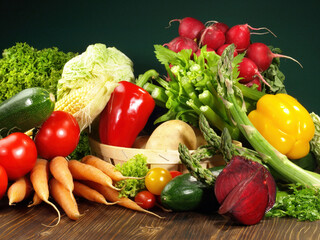 Fresh Mixed Vegetables and Salads on wooden Background