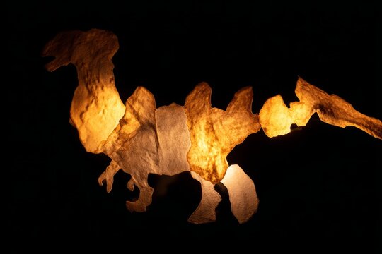 rearranged. Fossilized bone fragments suspended as glowing puzzle pieces forming an unknown dinosaur silhouette. wildlife magazines.
