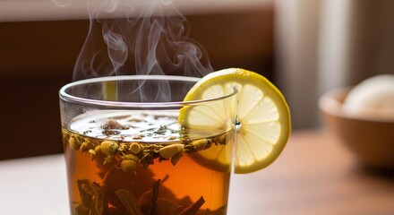 A steaming cup of herbal tea garnished with a lemon slice, set on a wooden table with soft lighting