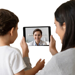 A smiling doctor waves during an online telemedicine consultation