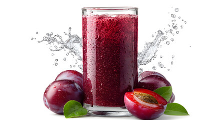 A tall glass of vibrant plum juice splashes into fresh plums and water droplets on white.
