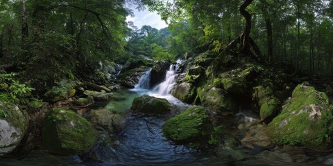 Obraz premium Lush rainforest waterfall exported hdri panoramic view nature landscape 360-degree environment