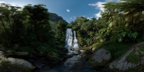 Lush rainforest waterfall hdri panoramic view nature scene 360-degree landscape