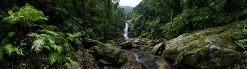 Obraz premium Majestic waterfall in lush rainforest hdri panoramic view nature's serenity 360-degree landscape