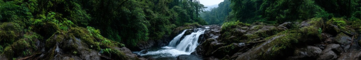 Fototapeta premium Lush rainforest waterfall exported hdri panoramic view nature's serenity 360-degree experience
