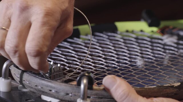Manual stringing of a tennis racket on machine