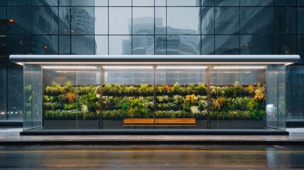 Sustainable transit stop features modern design, integrating greenery and LED lights in a cityscape