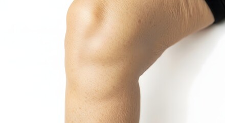 Fototapeta premium Close-up of a human elbow showcasing skin texture and joint structure against a white background