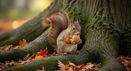 Red squirrel with a nut at the base of an old tree in autumn.