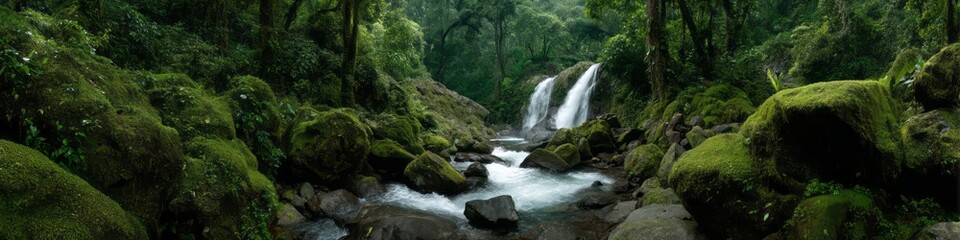 Fototapeta premium Stunning waterfall in lush rainforest hdr panoramic view serene nature environment