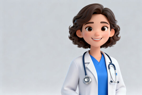 3D animated female doctor wearing white coat and stethoscope, smiling against a neutral background