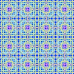 Seamless geometric pattern with colorful abstract squares and lines in blue, yellow, and pink tones. Bright symmetrical design, perfect for fabric, wallpaper, wrapping paper, and digital backgrounds.