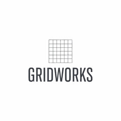 A minimalist logo for 'Gridworks' featuring a square grid icon above the brand name in bold, grey, uppercase letters.