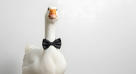 Elegant white goose wearing a black bow tie, posing confidently against a minimalistic backdrop