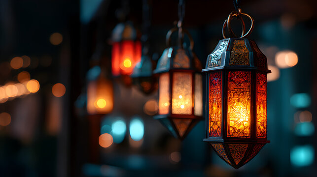 Close-up of intricately designed Ramadan lanterns with warm glowing light in a dark, atmospheric setting.