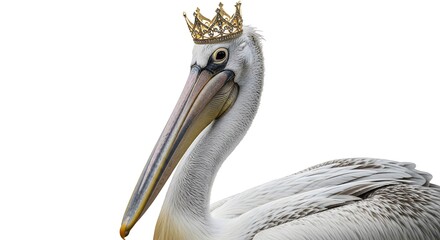 A regal pelican adorned with a golden crown, showcasing elegance against a plain background