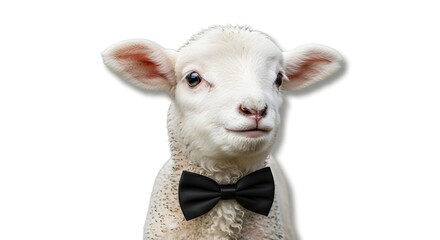 A charming lamb wearing a black bow tie, exuding a playful yet elegant demeanor against a plain background