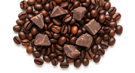 Naklejka premium Top view of aromatic roasted coffee beans mixed with delicious dark chocolate chunks on a clean white isolated background