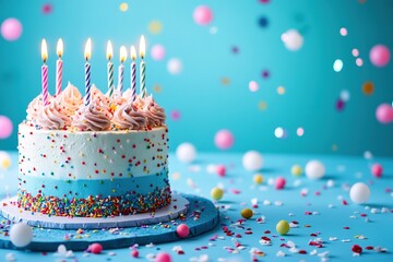 birthday cake with colorful candles on a blue background, surrounded by confetti and balloons, celebration of life and joy, festive card is suitable for greeting cards and marketing material