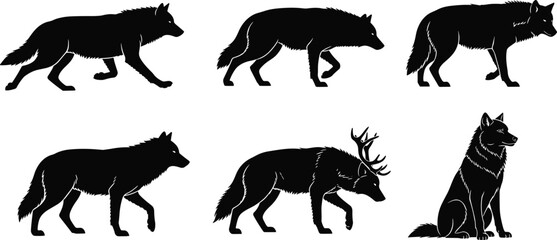Deer silhouette vector collection, wild forest animals, jumping and standing poses, antlers wildlife clipart, nature hunting elements, black animal shapes, outdoor wildlife illustration set