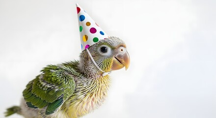A playful parrot wearing a colorful party hat, celebrating a joyful occasion against a bright background