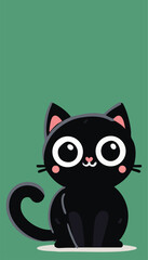 A black cat with big round eyes and a curled tail