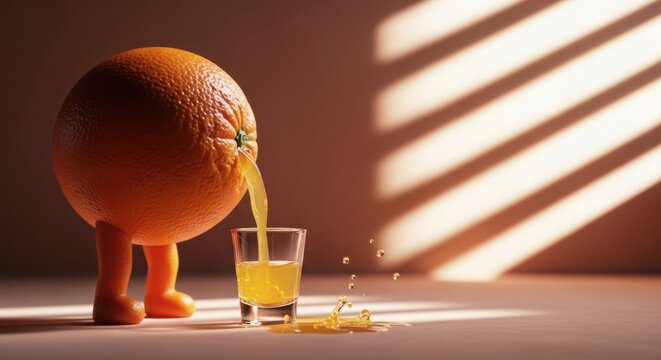 Illustration of a whimsical orange character with legs pours juice into a glass, casting shadows against a warmtoned wall in a playful scene