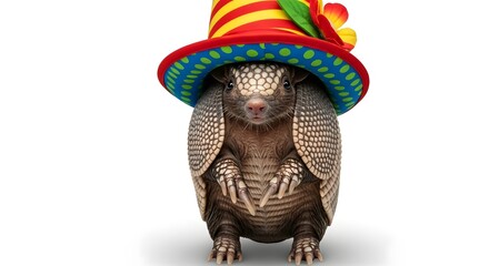 A whimsical armadillo wearing a colorful party hat, standing against a plain white background