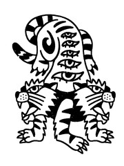 Mythical chimera monster with eyes, horns, and teeth.