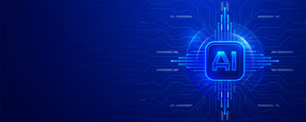 Glowing AI processor icon on a futuristic blue circuit board