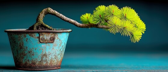 Bonsai Tree in Vintage Turquoise Rustic Pot, Zen Garden Art

