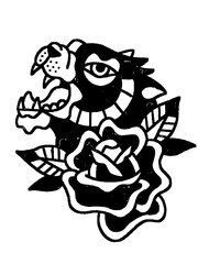 Roaring panther head and rose, classic blackwork flash.