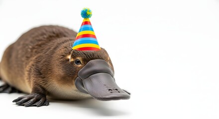 A playful platypus wearing a colorful party hat, celebrating in a bright, cheerful environment