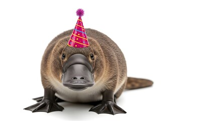 A playful platypus wearing a colorful party hat, celebrating a joyful occasion in a bright setting